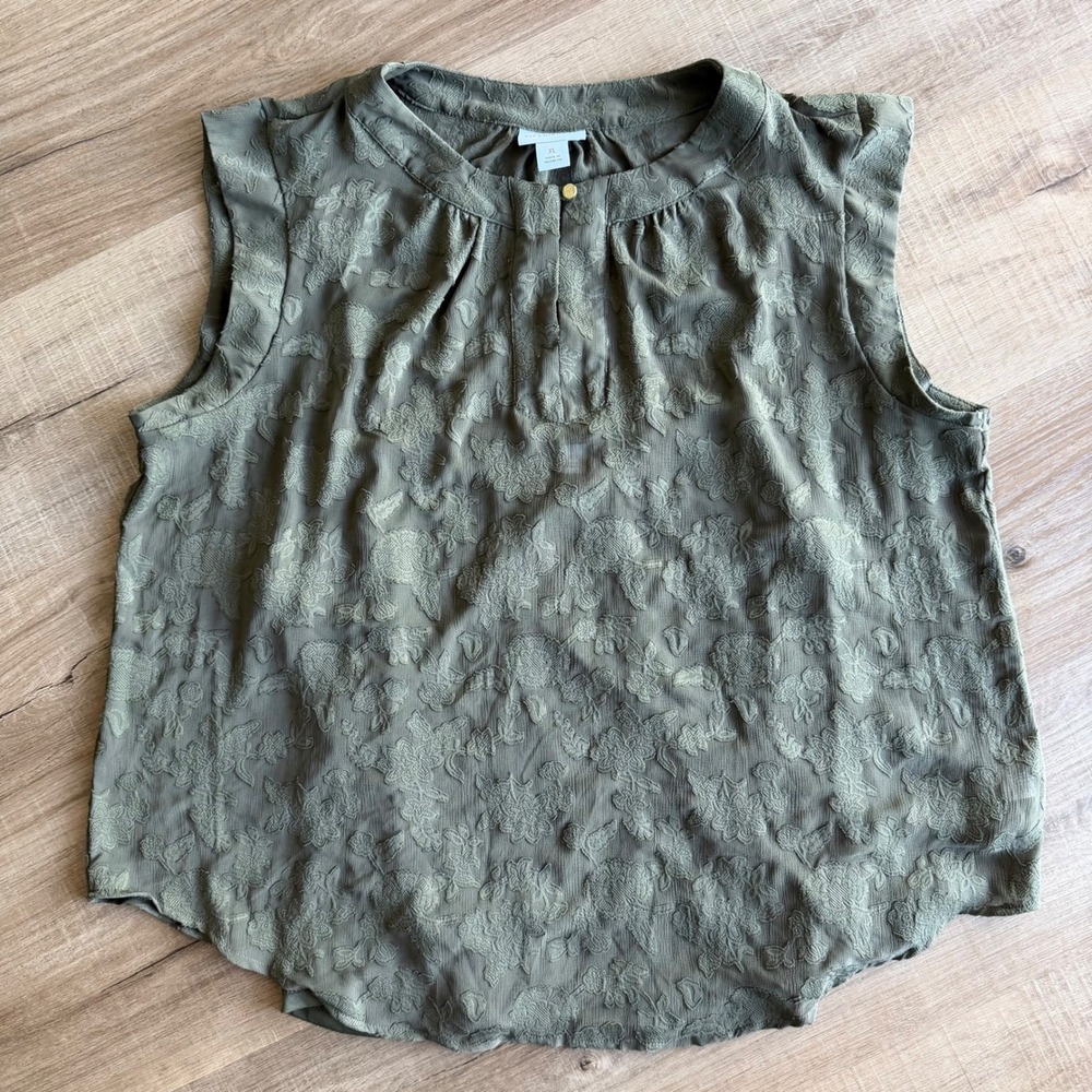 Liz Claiborne Olive Green Floral Burnout Sleeveless Blouse XL Split Neck Top